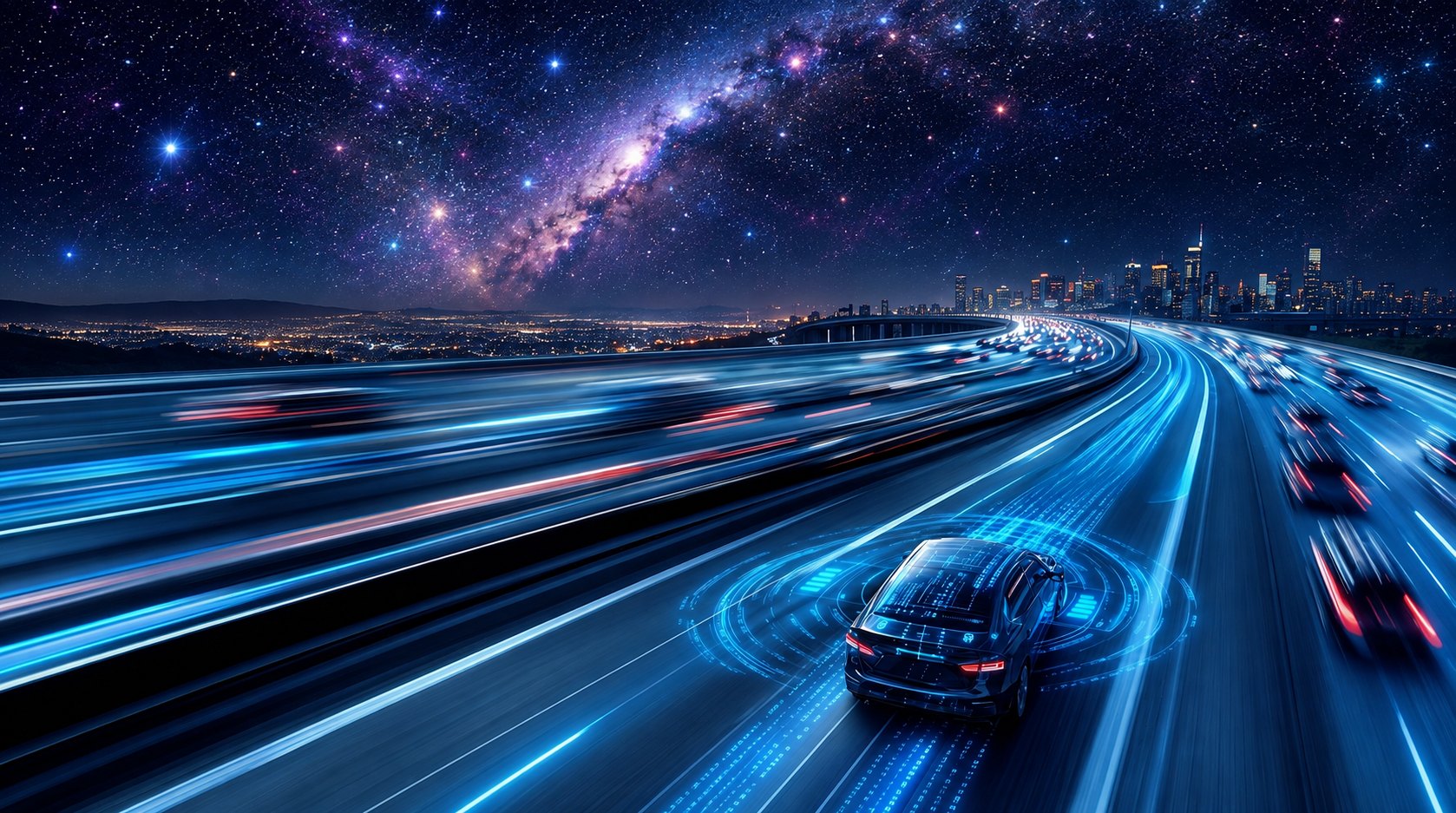 A vehicle on a highway at night beneath a star-filled sky and the Milky Way, its surroundings drawn as overlapping fields of measurement, with a city skyline ahead.