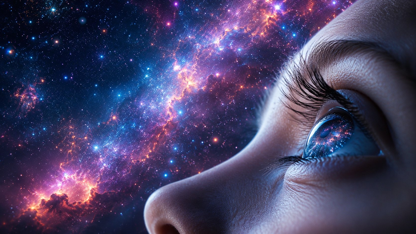 A human eye in close-up, gazing toward a field of stars, with the galaxy reflected in the iris.