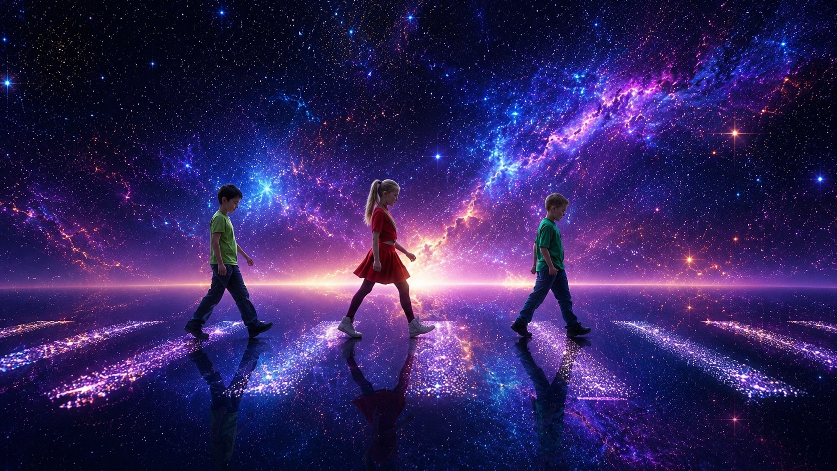 Three figures walking across a field of light
